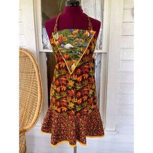 Vintage Novelty Full Smock Apron Chicken, rooster, Corn Autumn Leaves Cotton